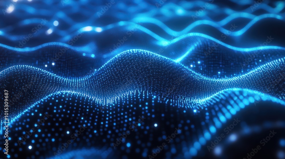 Poster blue abstract background with a network grid and particles connected.