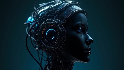 High-Tech Female Android with Neural Interface and Cybernetic Headgear in Futuristic Setting

