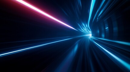 Experience the thrill of warp speed in a futuristic space tunnel, where blue and white light streaks suggest rapid movement into the unknown. The tunnel extends infinitely into the distance