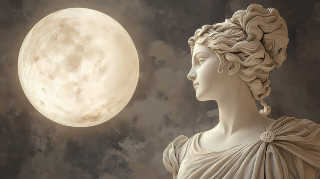 Illustration of a renaissance marble statue of selene. she is the goddess and the personification of the moon, selene in greek mythology, known as luna in roman mythology. Moon Goddess. Illustration