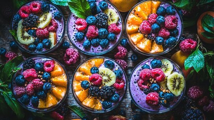   Four bowls of fruit arranged closely on a table, surrounded by leaves and additional fruits