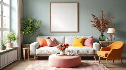 Stylish living room with a round ottoman, fresh floral arrangements, and colorful decor, creating a lively yet cozy atmosphere. Home decor and mock up poster frame