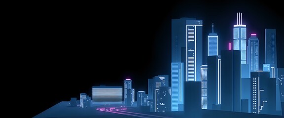 Fototapeta premium Futuristic Blue-Pink Cityscape at Night, Glowing Buildings, Ethereal Light