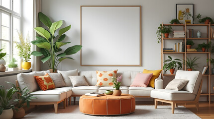 Stylish living room with a round ottoman, fresh floral arrangements, and colorful decor, creating a lively yet cozy atmosphere. Home decor and mock up poster frame