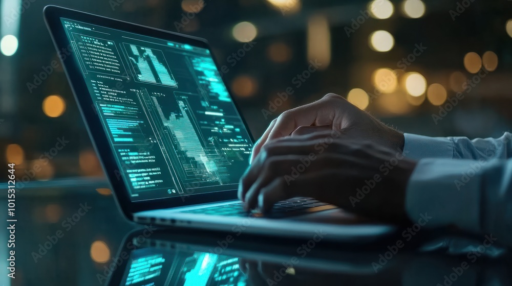 Poster businessman using laptop computer with digital marketing data report on the screen. generated ai