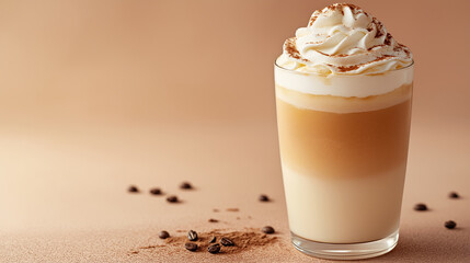 Frappe Layer Close-Up, showing the different layers in a frappe: coffee, milk, ice, and whipped cream, with copy space, National Frappe Day