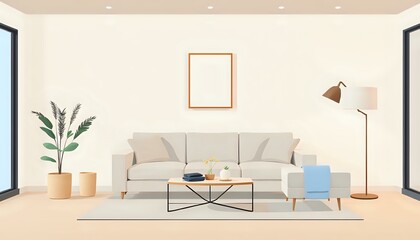 Fototapeta premium Modern Cozy Living Room with White Sofa, Plants & Vase - 16:9 Aspect Ratio