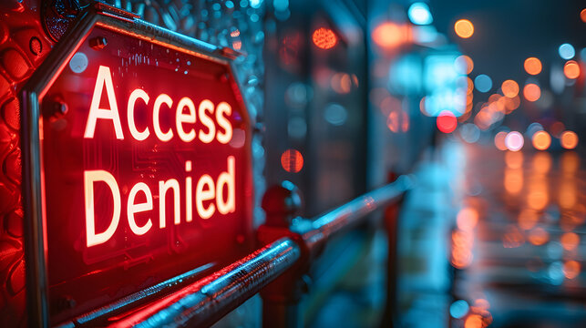 Vibrant Neon Access Denied Sign on Futuristic Monitor Screen in Dark Setting
