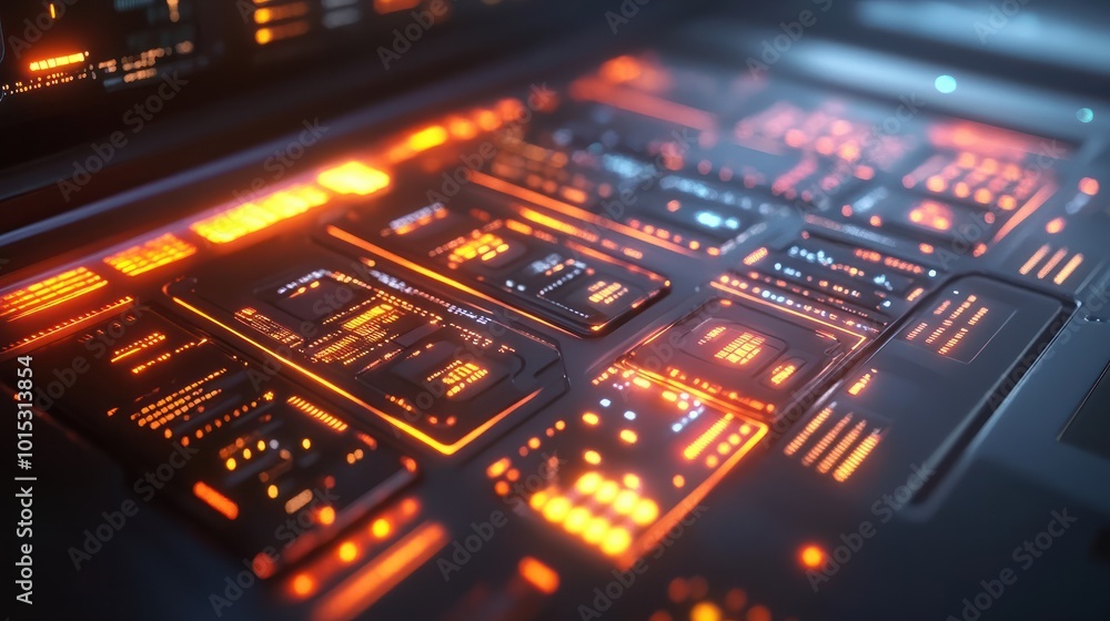 Poster close up of a laptop with illuminated glowing display technology. ai generated image