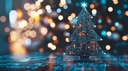 Glowing christmas tree made from motherboard in futuristic design. Blurred bokeh lights in the background. IT technology holiday greetings concept.