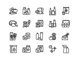 Groceries Icon Set: Fresh Produce, Dairy, Snacks, Meats, Condiments, Beverages, Baby Food, Household Items – Vector Icons for E-commerce, Food Delivery & Grocery Apps