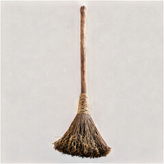 Traditional broom made of natural fibers hanging against a plain background