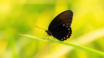 A black butterfly with orange dots rests on a blade of grass against a blurred green and yellow background.