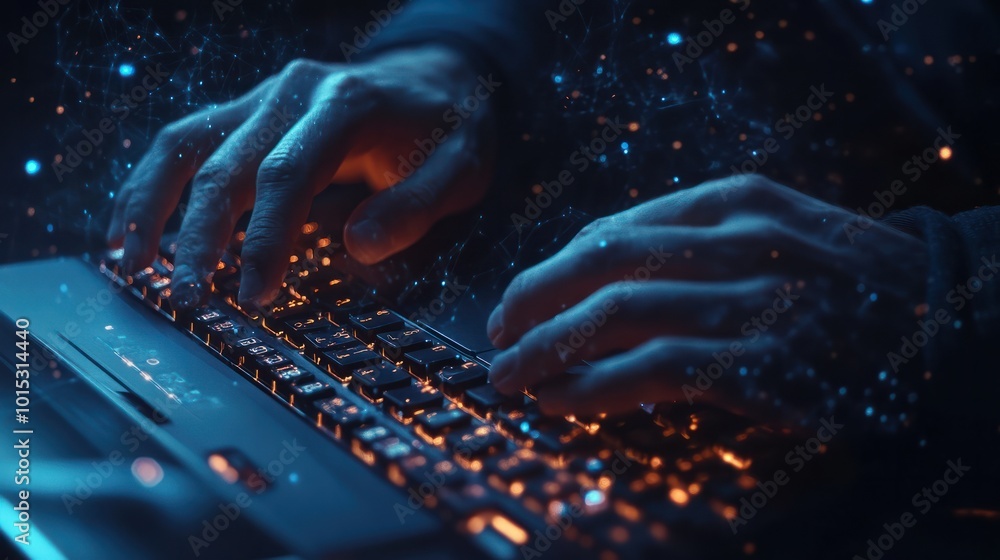 Poster close-up of a network engineer configuring cloud infrastructure, hands typing on a glowing keyboard