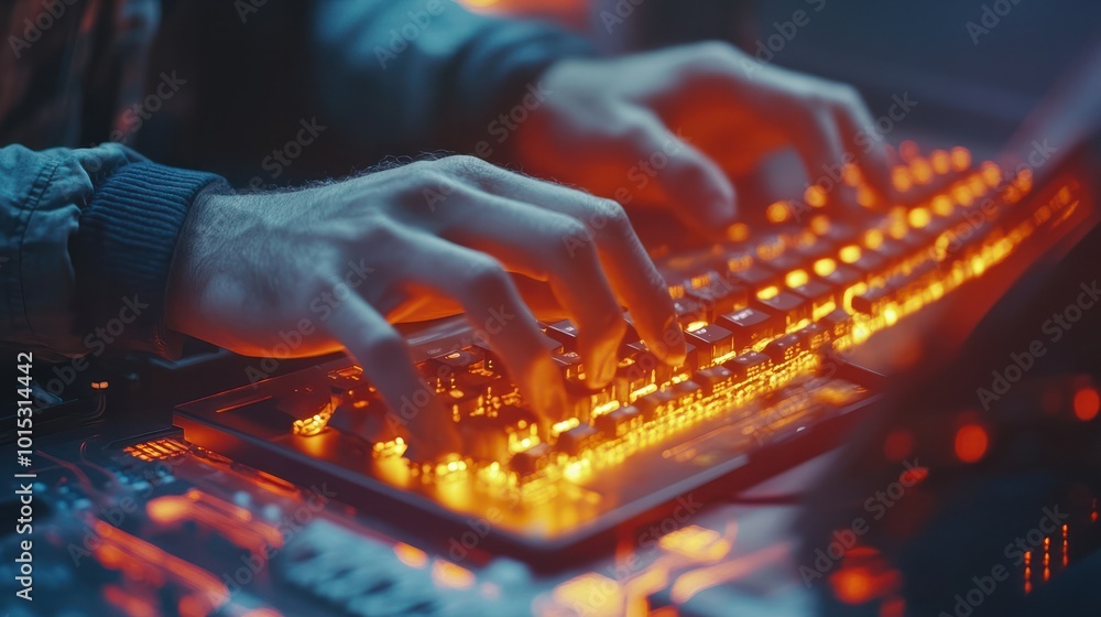 Poster close-up of a network engineer configuring cloud infrastructure, hands typing on a glowing keyboard