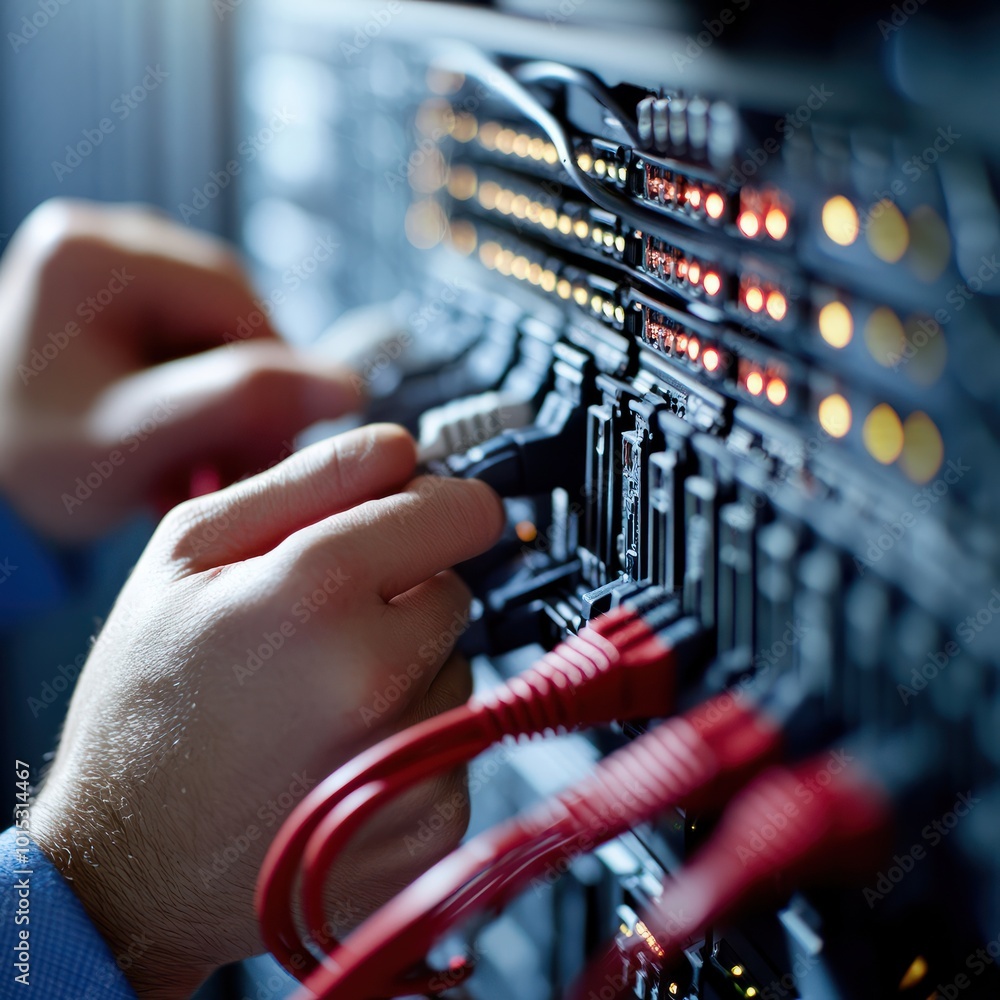 Poster close-up of a network engineer's hands plugging in cables to a server, focusing on network connectiv