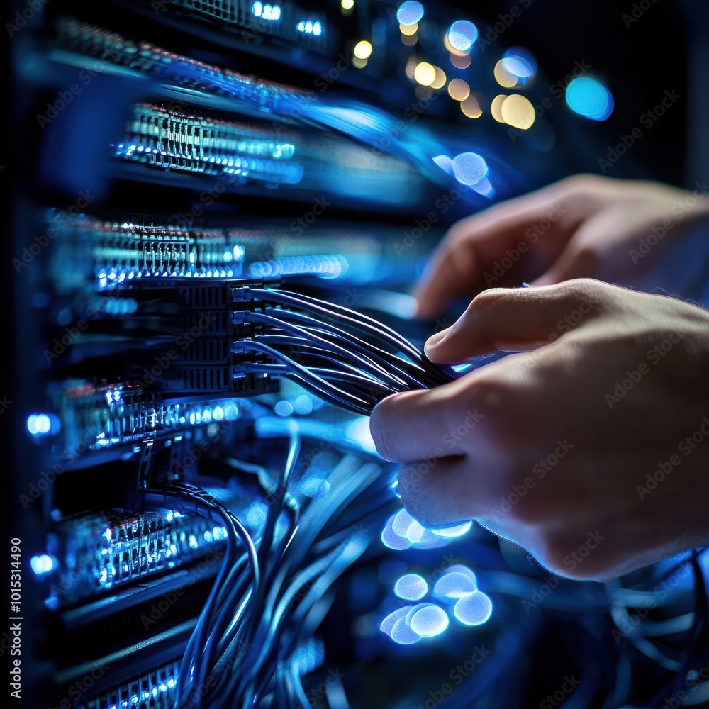 Poster close-up of a network engineer's hands plugging in cables to a server, focusing on network connectiv