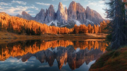 Fototapeta premium Majestic mountain peaks reflected in a still lake with golden autumn foliage.
