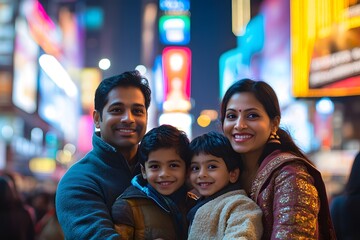 On vaction in the US an indian family exploring times square in new york city