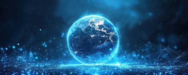 Obraz premium Illuminated digital earth with a glowing blue atmosphere on a cosmic blue background representing global connectivity and technology