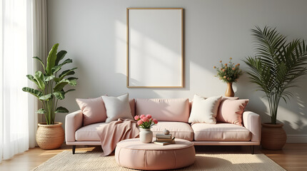 Stylish living room with a round ottoman, fresh floral arrangements, and colorful decor, creating a lively yet cozy atmosphere. Home decor and mock up poster frame