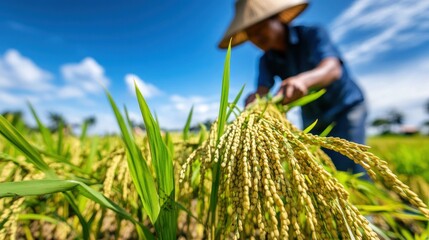 A close-up of rice stalks in a field, a farmer in the background.