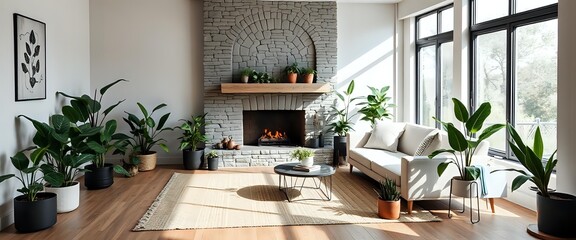 Fototapeta premium Modern Living Room with Fireplace, Natural Light, and Greenery