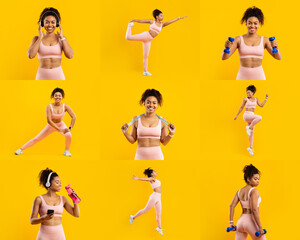 A young African American woman performs multiple fitness activities, showcasing her workout routine in a vibrant yellow setting. She's seen using dumbbells, stretching, and staying active.
