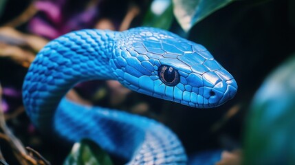 A vibrant blue snake with black eyes stares intensely at the camera, its scales shimmering in the sunlight.