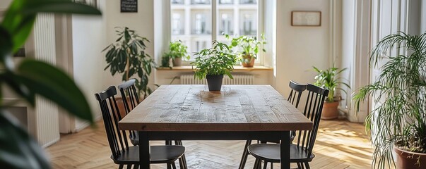 Minimalist dining room interior with modern wooden table and black chairs in bright natural light