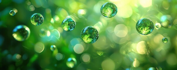 Captivating green glass marbles floating in the air, evoking a sense of tranquility and wonder in a serene environment