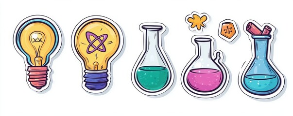 Colorful science and laboratory themed stickers featuring light bulbs and laboratory flasks for school projects