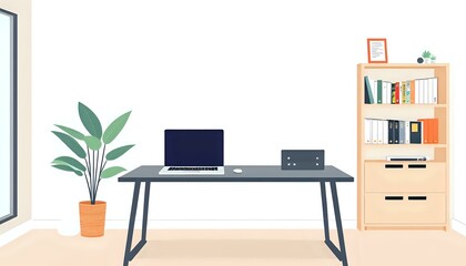 Fototapeta premium Productive Home Office Workspace with Laptop and Bookshelf - Cozy Study Room Decor