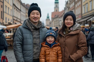 On vacation a Chinese family enjoying Kraków Old Town Square