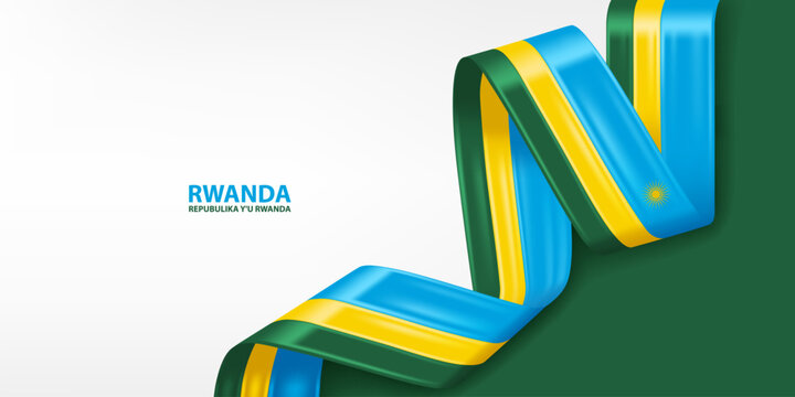 Rwanda 3D ribbon flag. Bent waving 3D flag in colors of the Rwanda national flag. National flag background design.