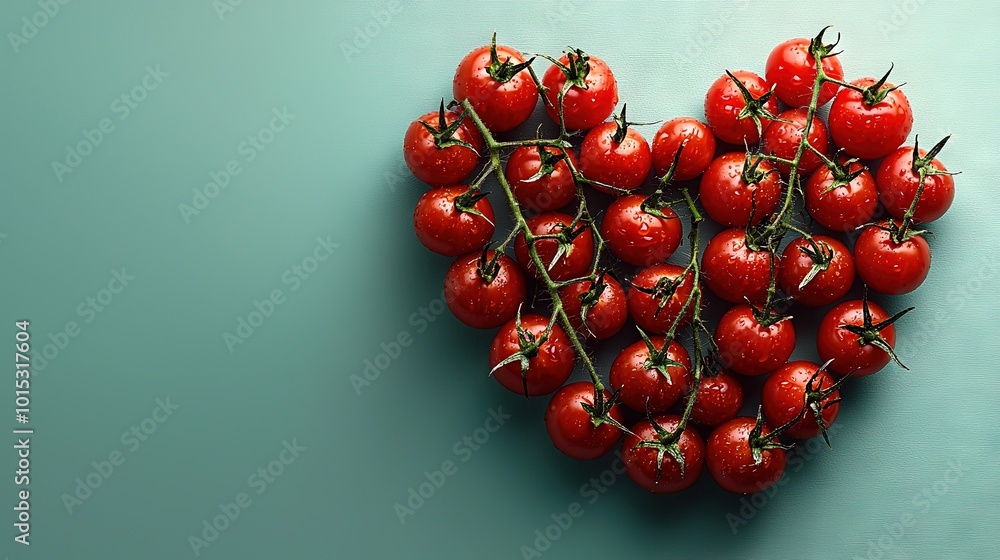 Wall mural   Heart-shaped arrangement of red tomatoes on blue background with green stem