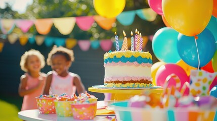 Colorful Kids' Birthday Party Celebration with Cake, Balloons, and Playful Atmosphere
