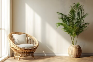 Fototapeta premium Living room with an empty beige wall with wicker rattan armchair and vase and a large green plant, copy space