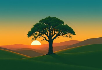 Fototapeta premium Serene Sunset Solo: Tranquil Tree Standing Tall Against Vibrant Skies