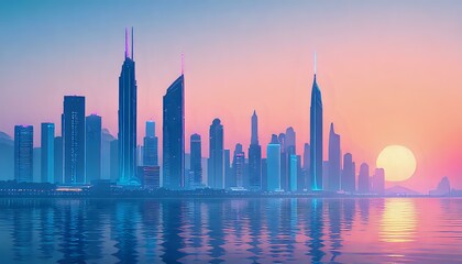 Fototapeta premium Shanghai Cityscape at Sunset: Vibrant Skyline and Water Reflections