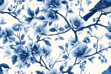 Vintage blue and white seamless pattern with birds and floral designs, perfect for elegant textiles and wallpapers 