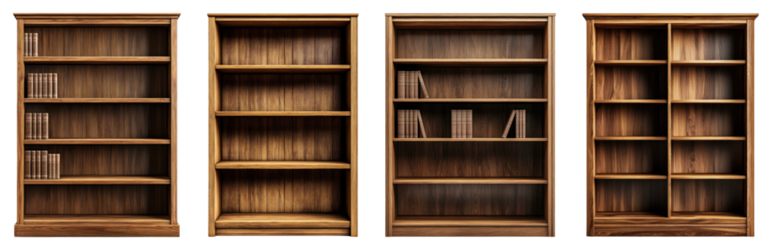 Tall wooden bookshelf with multiple shelves, centered on a transparent background.