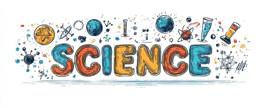  illustration of the word science with colorful icons and symbols representing scientific concepts and discoveries