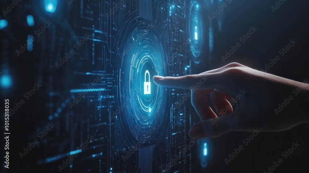 Poster cybersecurity, privacy, data protection concept. hand touch lock icon on modern screen computer netw