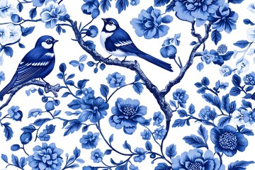 Vintage blue and white seamless pattern with birds and floral designs, perfect for elegant textiles and wallpapers 