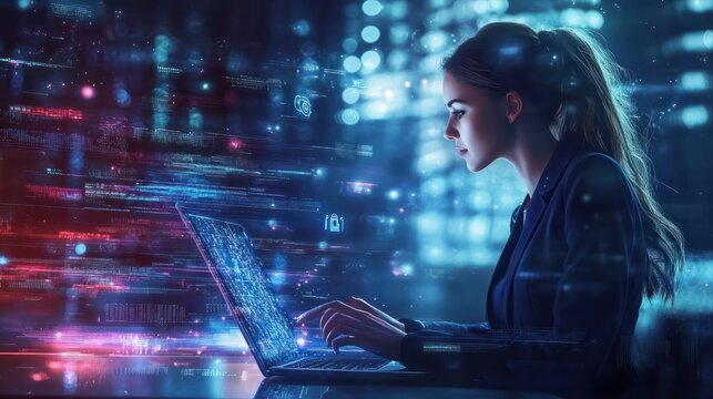 Cyber security network. Data protection concept. Businesswoman using laptop computer with digital padlock on internet technology networking with cloud computing and data management, cybersecurity