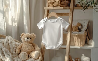 White baby onesie mockup hanging on a wooden hanger in a cozy nursery with plush teddy bears