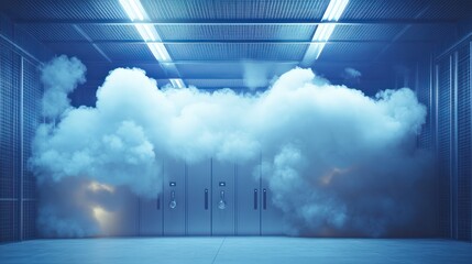 Data center with secure cloud locks, representing advanced digital protection and network security in a high-tech environment.
