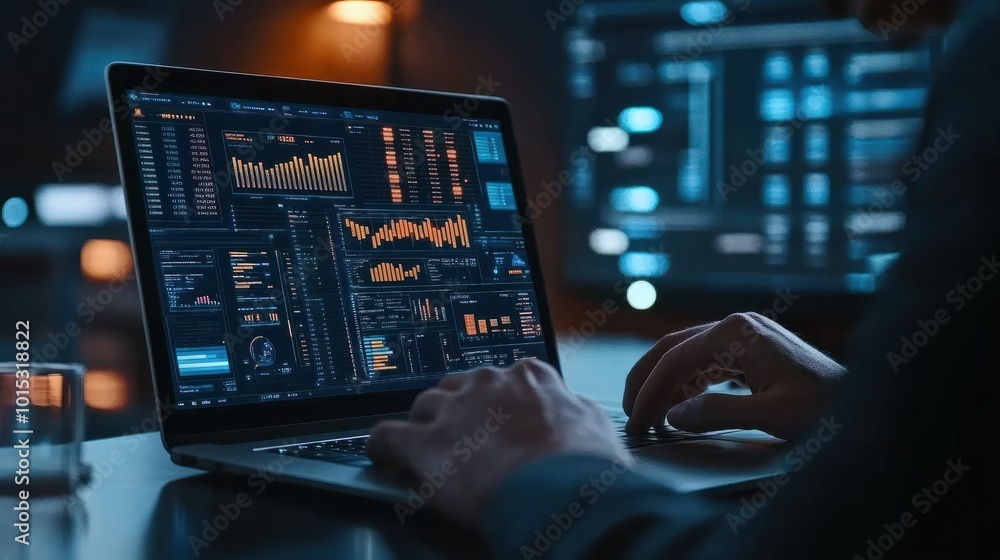 Poster data scientist, programmer using laptop analyzing financial data on futuristic virtual interface.