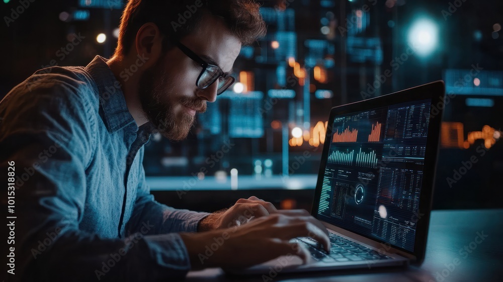 Aufkleber data scientist, programmer using laptop analyzing financial data on futuristic virtual interface.